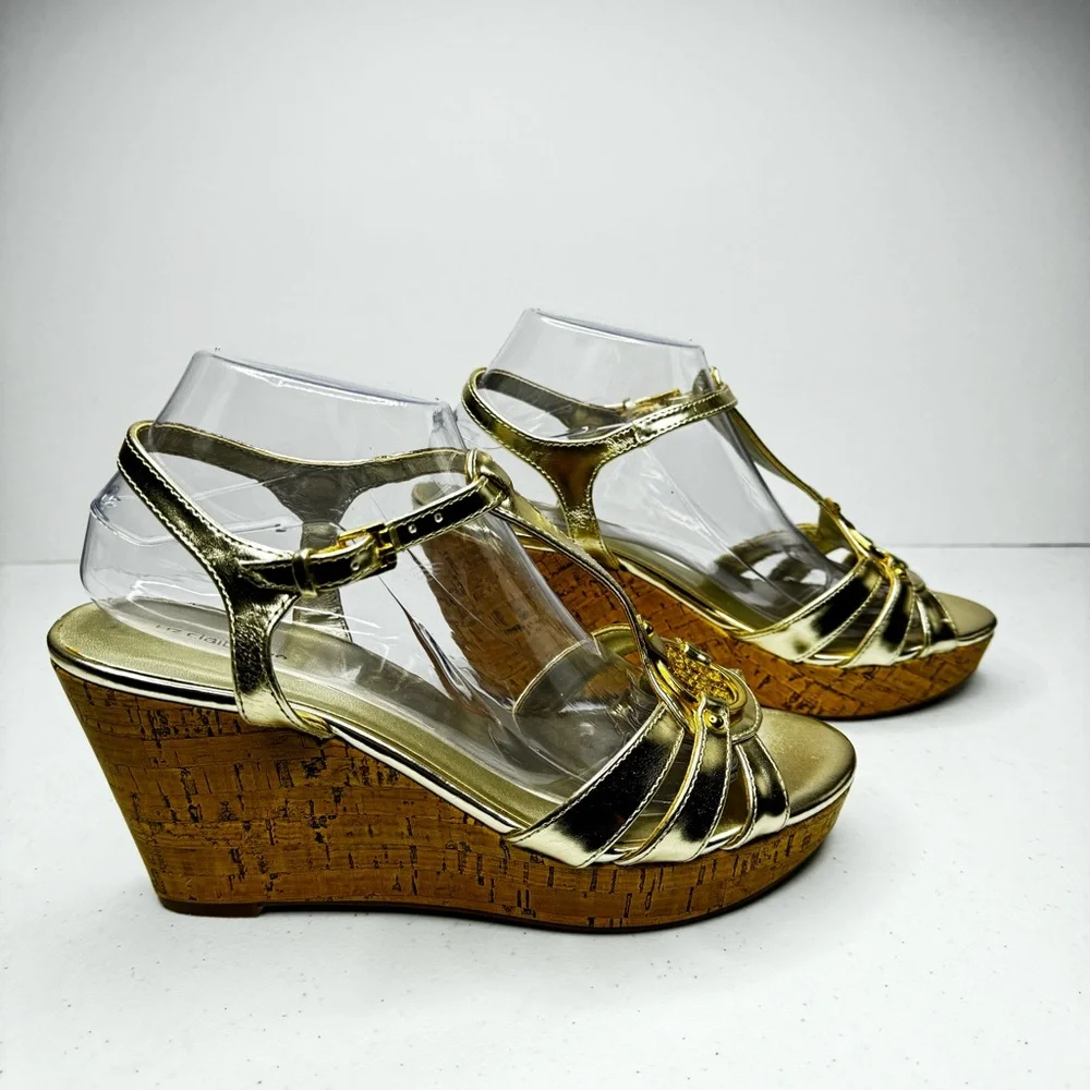 Liz Claiborne Kattie Metallic Gold Platform Cork Wedge Sandals Gold Medallion 9M